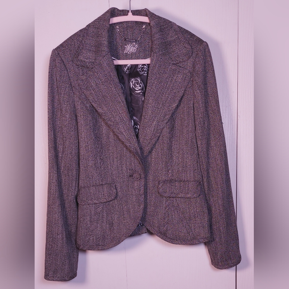 White House Black Market Black White Blazer Lined Size 10 Preppy Career Tweed